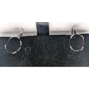 Sterling Silver Black Glass Clip On Earrings Oval Cabochon Minimalist Womens